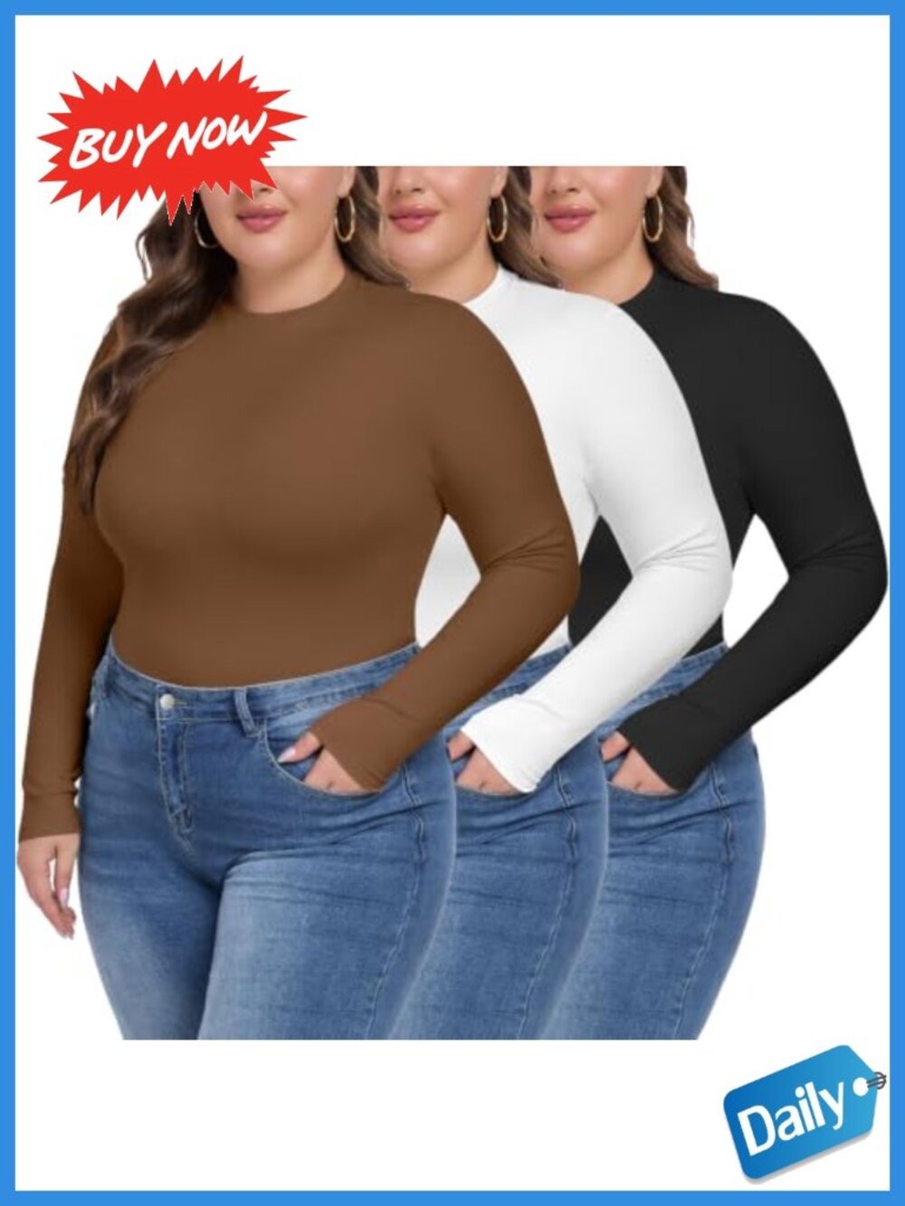 Plus Size Long Sleeve Crew Neck Basic Tops 3 Pack Rayon Spandex Soft Stretch